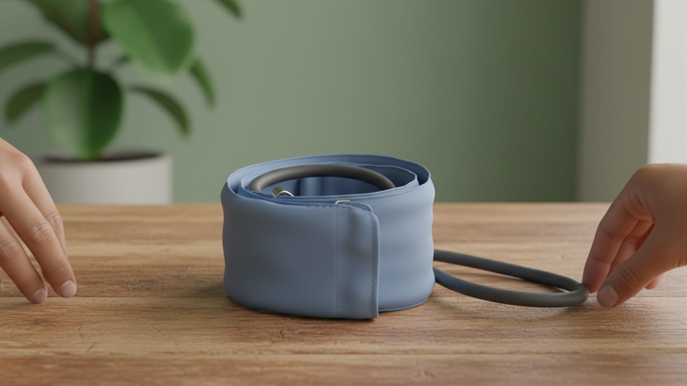 Illustration: An unbranded blood pressure cuff on a warm wooden surface in soft, natural light.