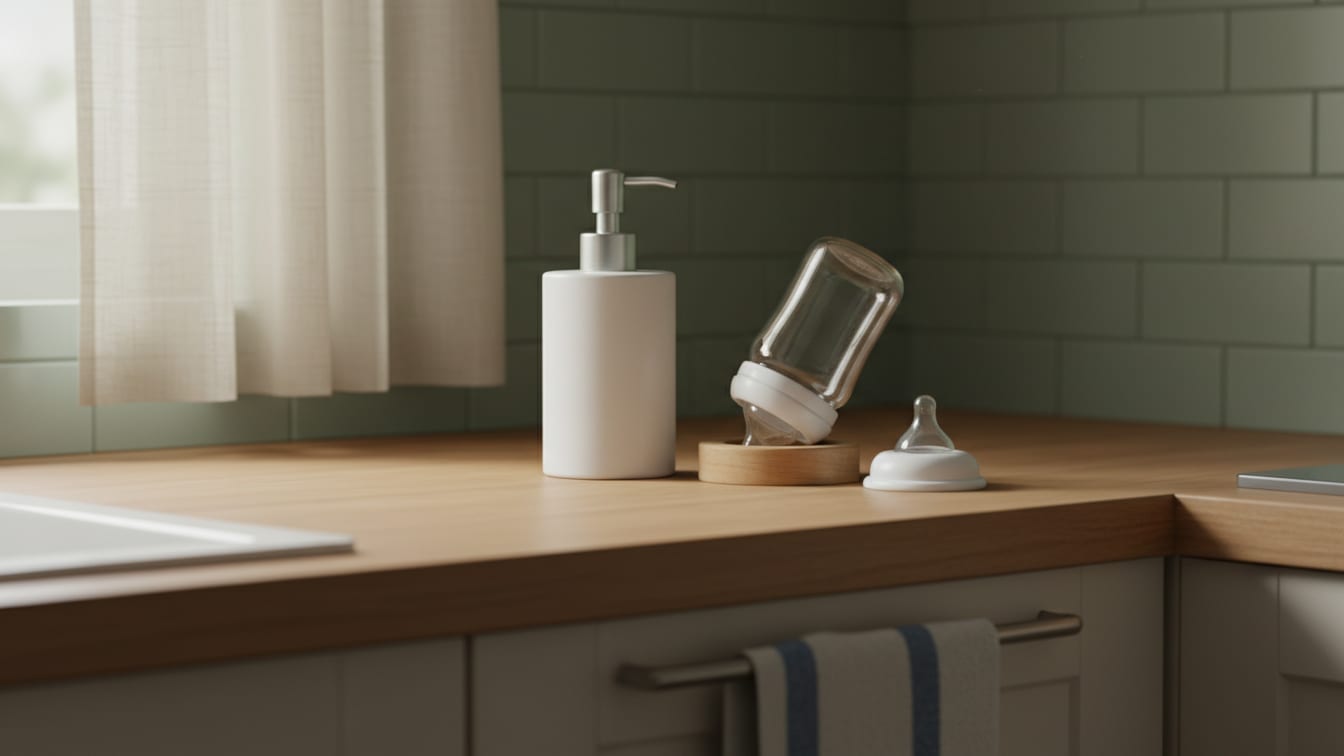 Illustration: A baby bottle and hand soap on a kitchen counter in soft morning light.