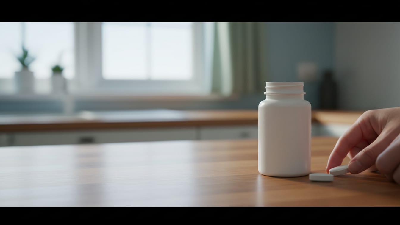 Illustration: A white medicine bottle and two generic pills on a wooden kitchen counter in soft morning light.