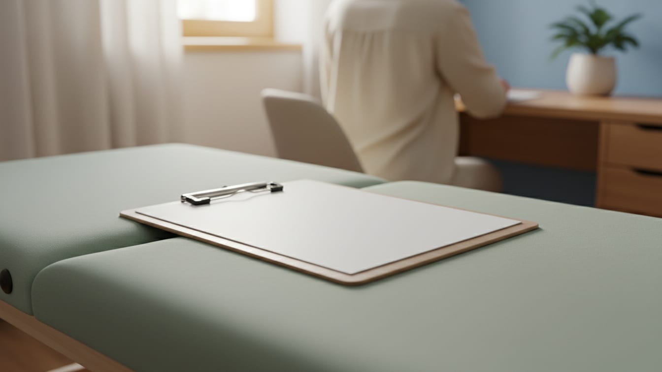 Illustration: An empty clinical trial clipboard on a sage green examination table in a softly lit clinic.