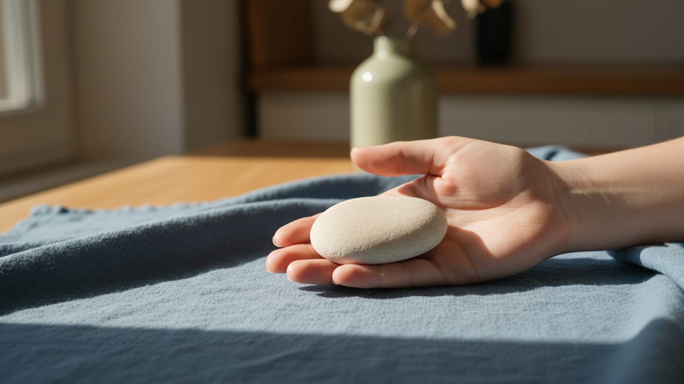 Illustration: A hand holds a smooth pebble on a soft blue surface in warm natural light.