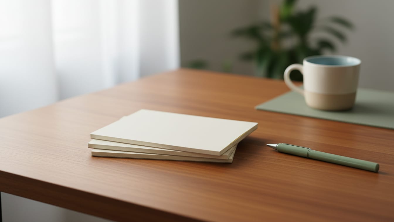 Illustration: A stack of three plain notebooks and a pen on a wooden desk.