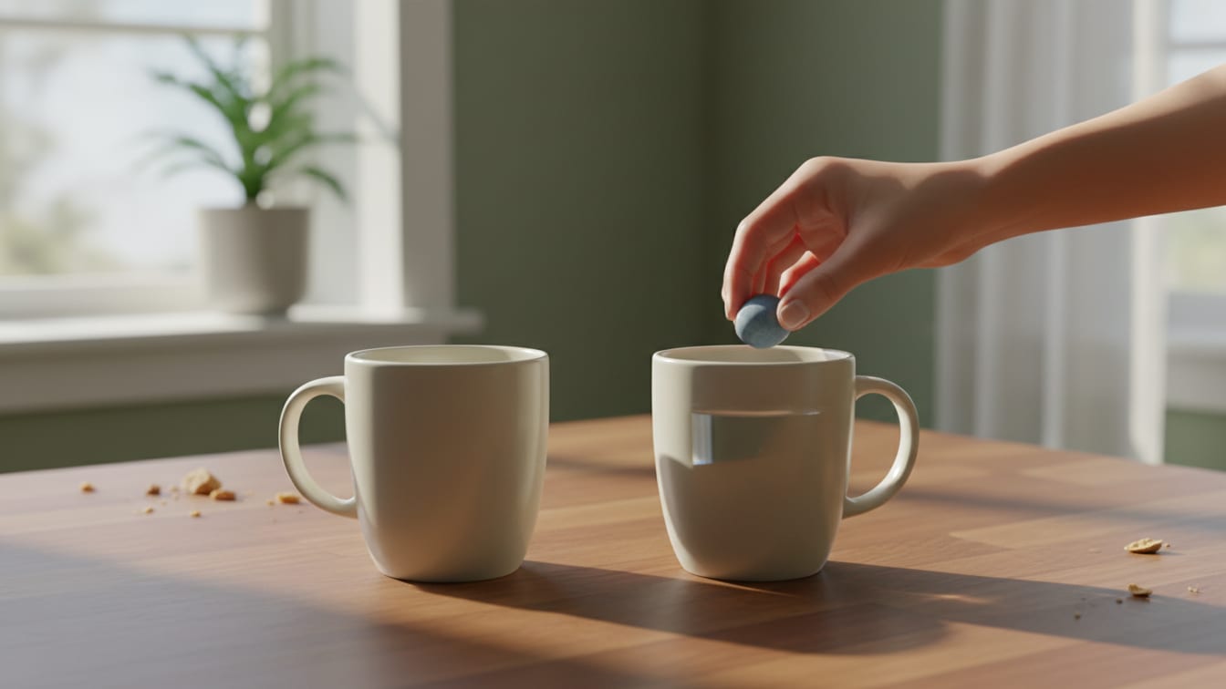 Illustration: Two identical ceramic mugs, one empty and one with water, on a wooden counter.