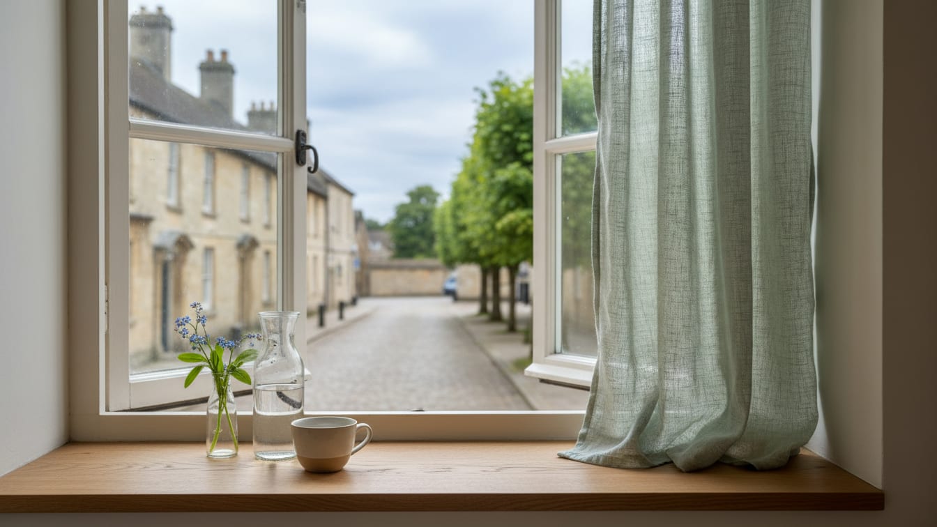 Illustration: A partially open window with a sage green curtain, natural light, and a wooden sill.
