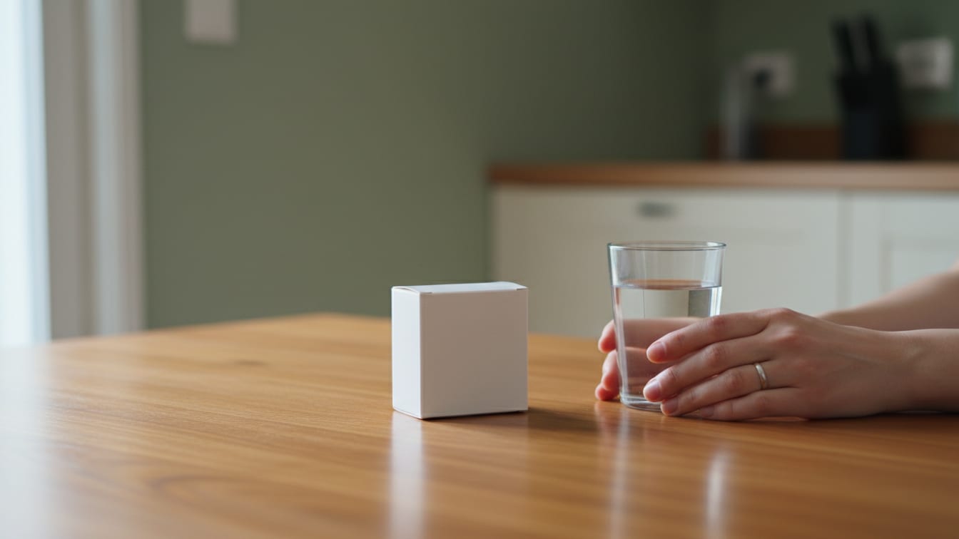Illustration: A plain white box and a glass of water on a wooden surface in soft light.