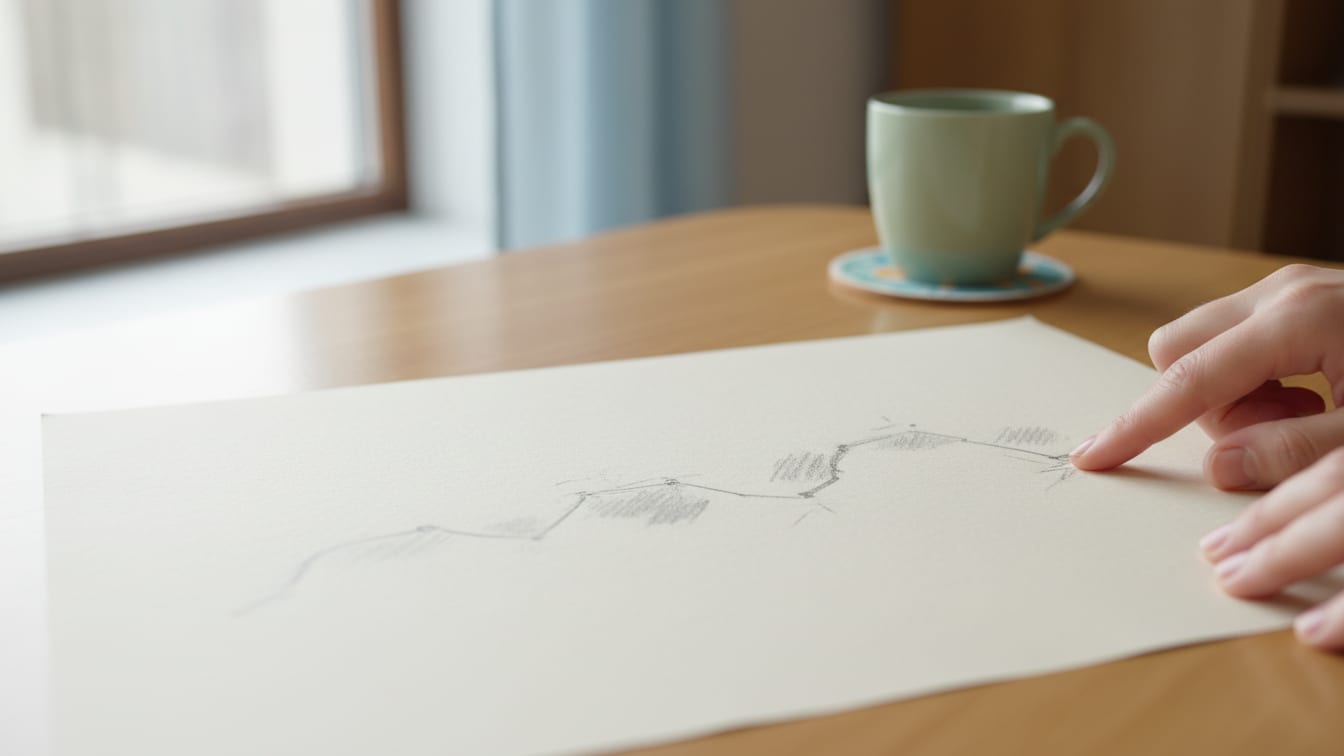 Illustration: A timeline drawn with a pencil on cream paper, lit by natural light.