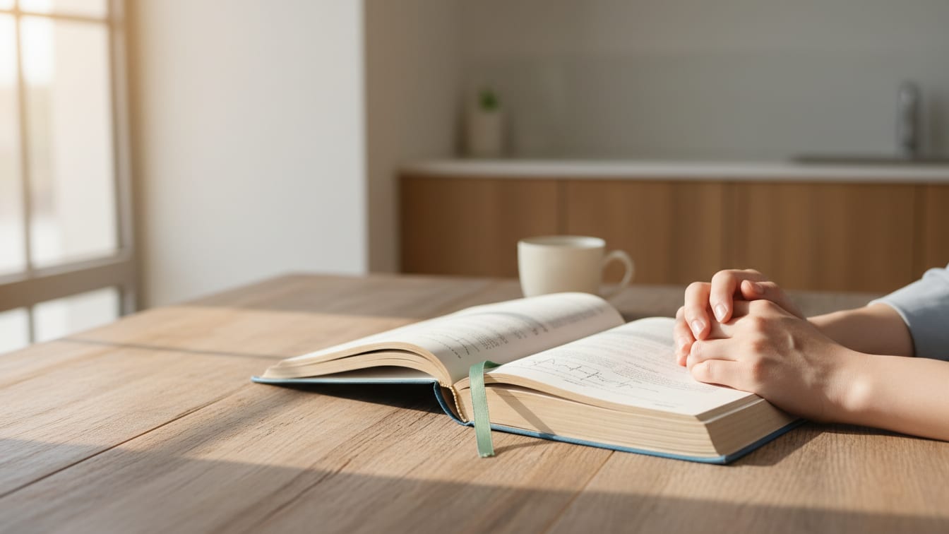 Illustration: An open medical textbook on a wooden desk, lit by natural light.