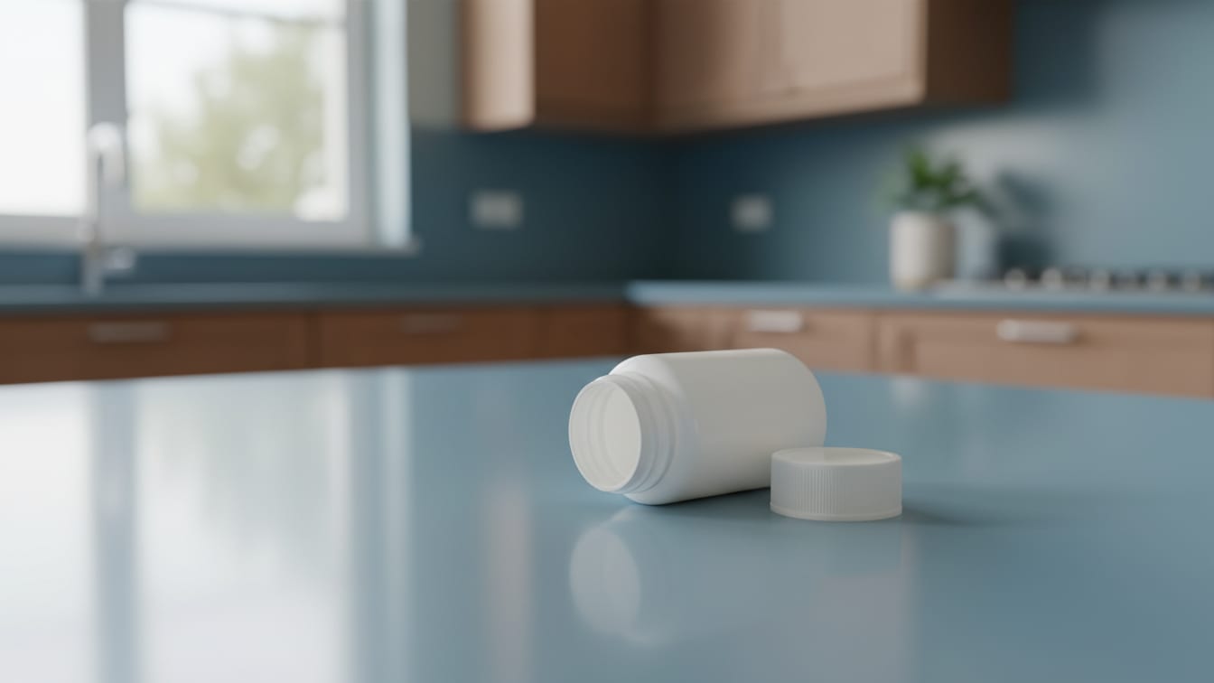 Illustration: An empty white pill bottle on a blue surface, lit by natural light.