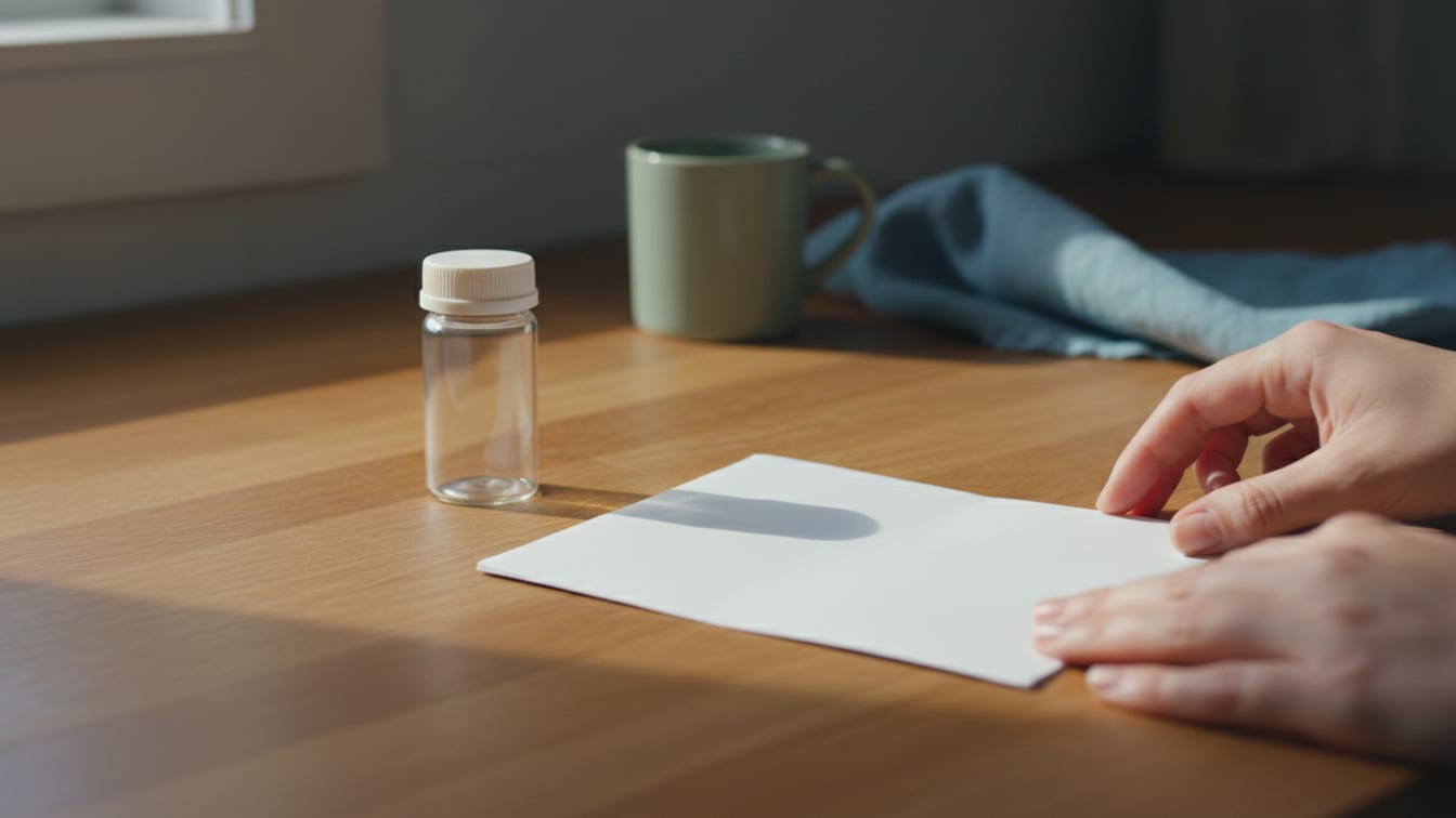 Illustration: An unbranded pamphlet and an empty pill bottle on a wooden counter in natural light.