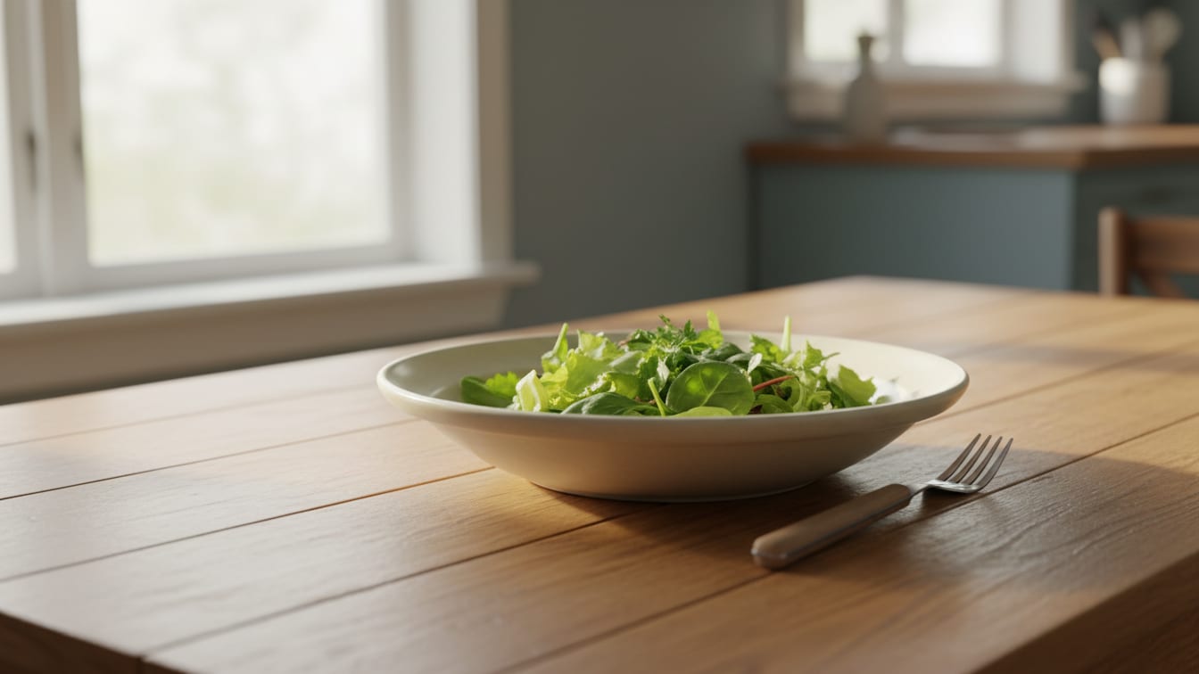 Illustration: A green salad in a cream bowl on a wooden table, lit by soft natural light.