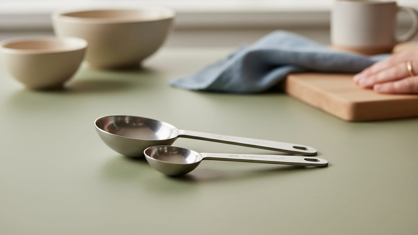 Illustration: Two measuring spoons of different sizes on a sage green surface, lit by soft, natural light.