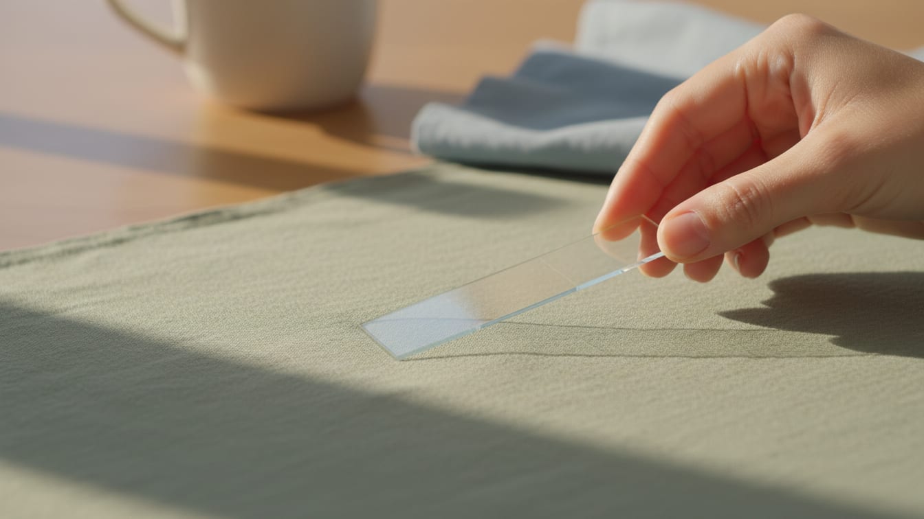 Illustration: A clean microscope slide rests on sage green fabric, bathed in warm natural light.