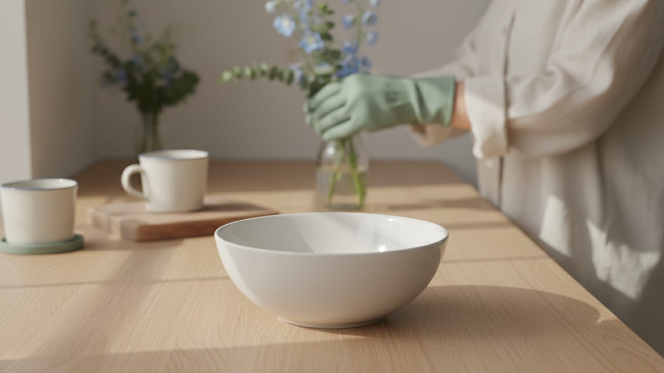 Illustration: An empty white ceramic bowl on a wooden kitchen counter in soft natural light.