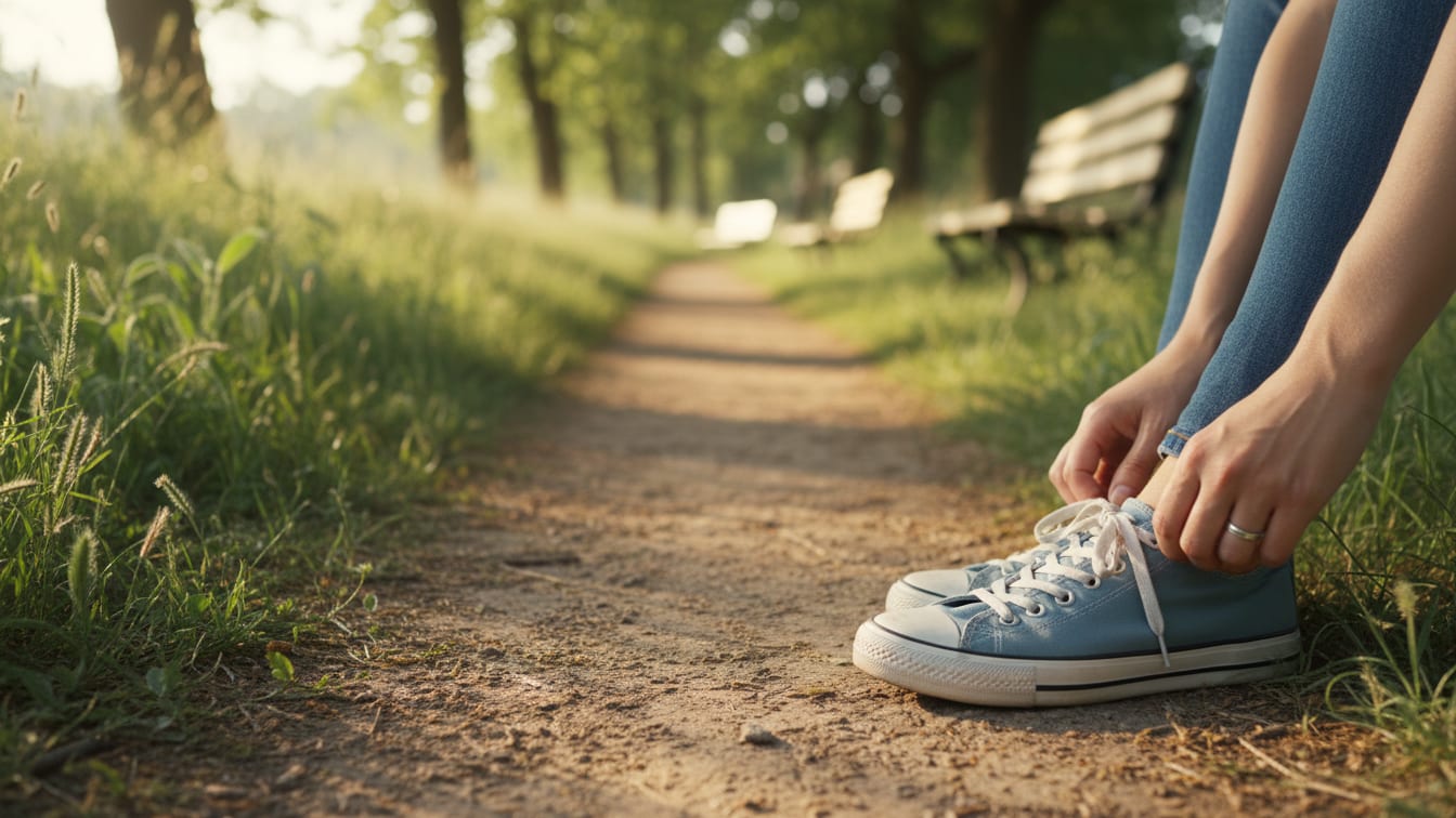 Illustration: A pair of well-worn sneakers on a sun-dappled park path, suggesting a journey.