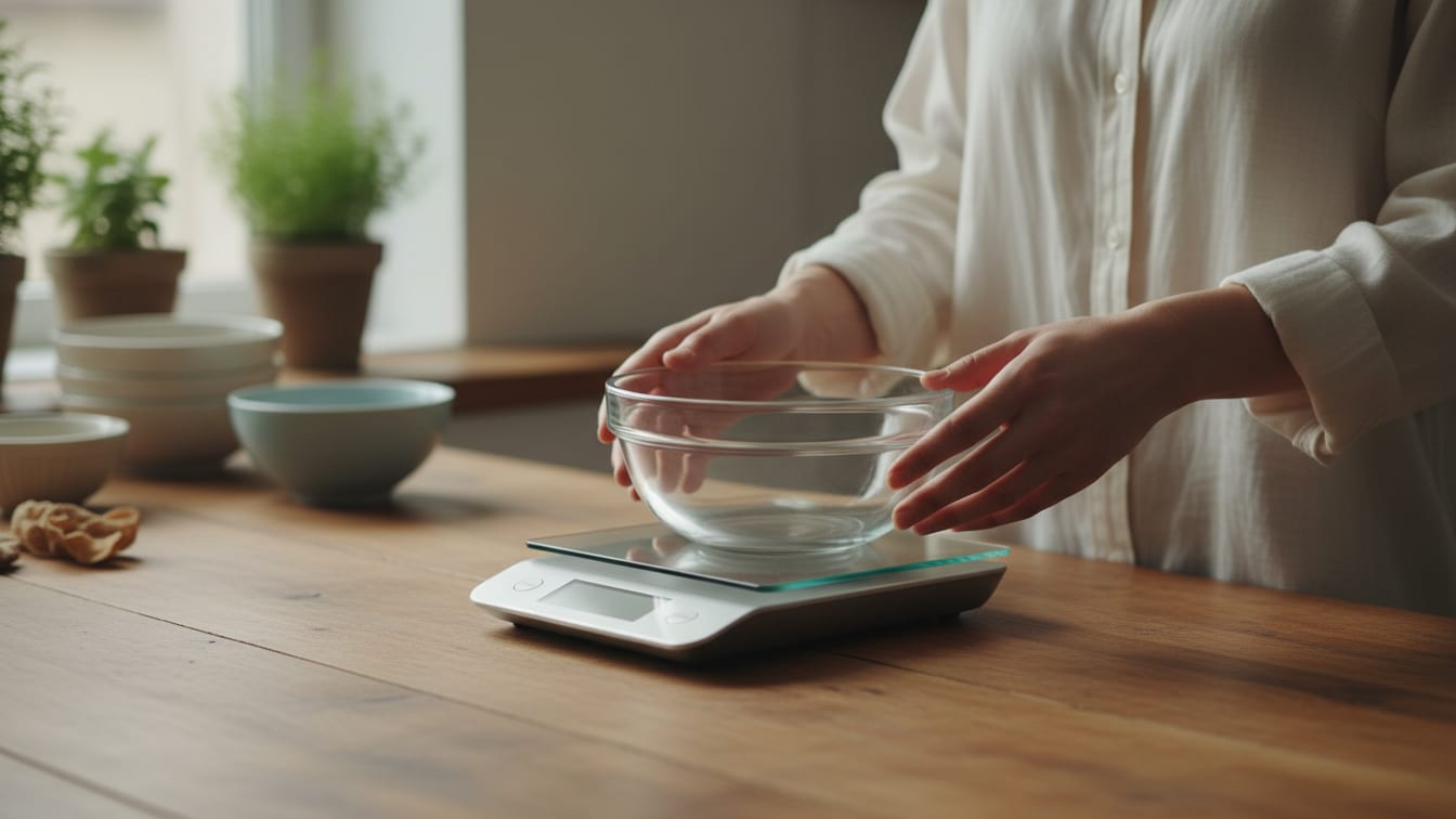 Illustration: An empty glass bowl on a kitchen scale on a warm wooden counter, softly lit.