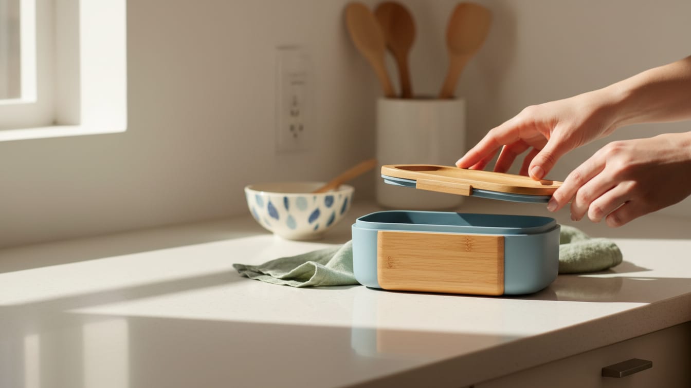Illustration: An empty wooden and blue lunchbox on a kitchen counter in morning light.