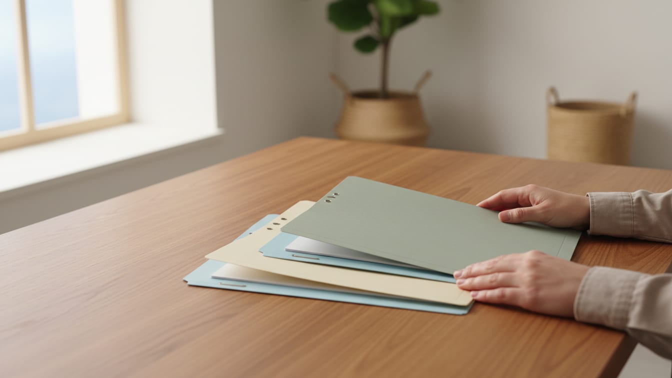 Illustration: A stack of three unbranded legal file folders on a polished warm wood desk, bathed in soft natural light.