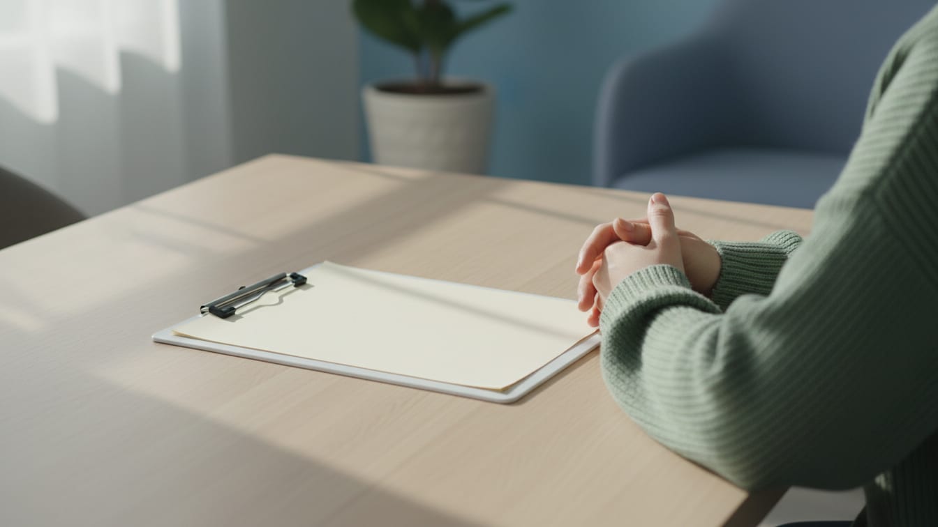 Illustration: A white clipboard with blank paper on a wooden table, lit by natural light.