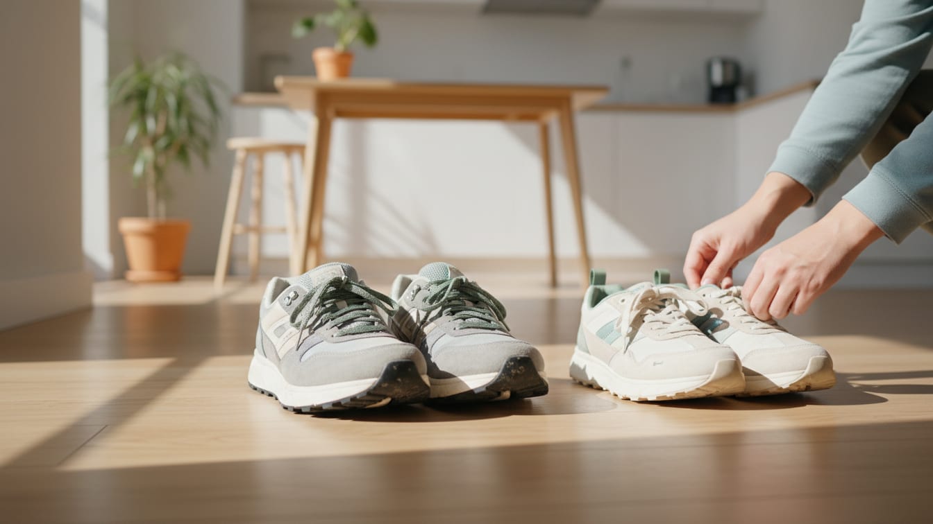 Illustration: A pair of walking shoes, one male and one female, on a wooden floor in natural light.