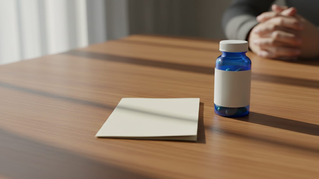Illustration: A blank medical leaflet and an unbranded pill bottle on a wooden table, lit by natural light.
