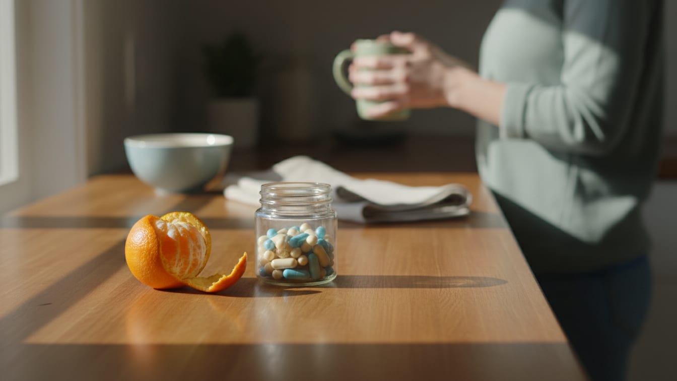 Illustration: A small, unbranded glass jar of supplements and a partially peeled orange on a warm wooden kitchen.