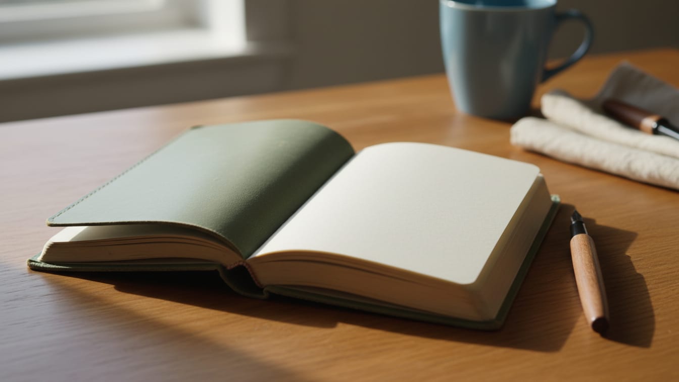 Illustration: An open blank journal and a pen on a wooden table, lit by soft morning light.