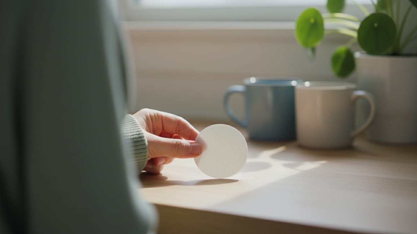 Illustration: A smooth, unbranded off-white adhesive patch on a light wooden surface.