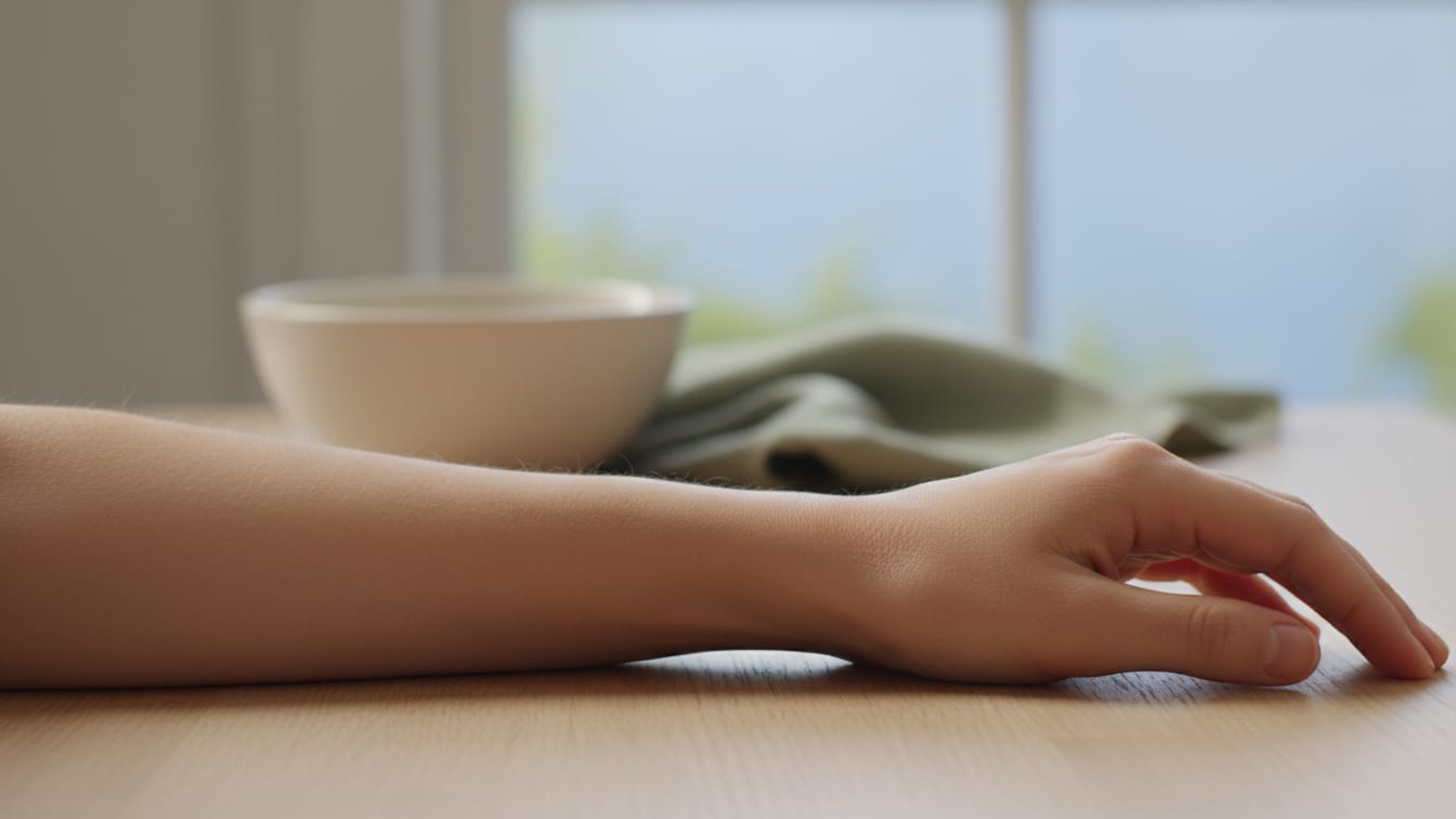 Illustration: A forearm rests on a wooden surface, illuminated by soft natural light.