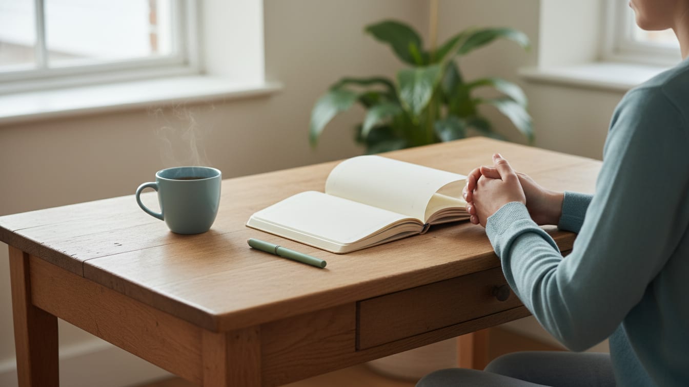 Illustration: An open, blank notebook and a pen on a wooden desk in soft natural light.