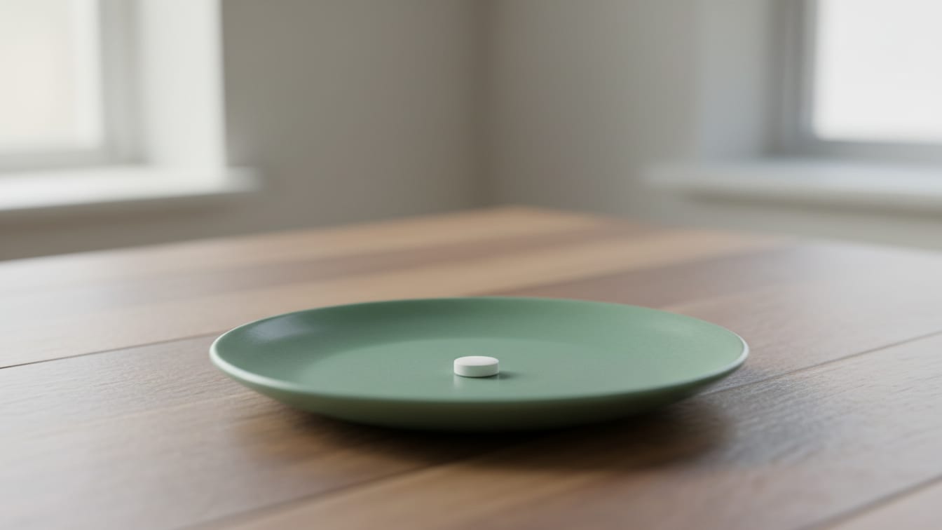 Illustration: A single white pill on a soft blue ceramic plate on a warm wooden surface in natural light.
