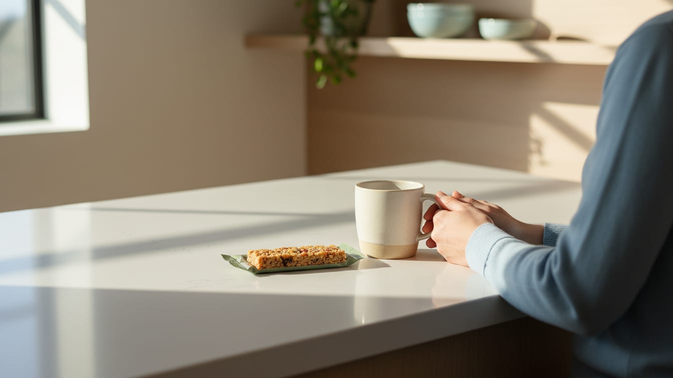 Illustration: A clean ceramic mug and a granola bar on a white kitchen counter in soft morning light.