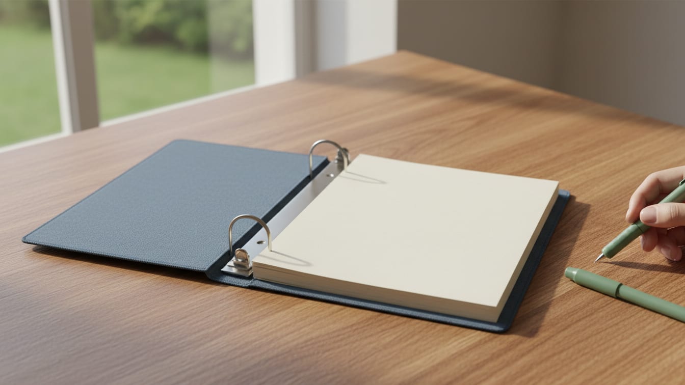 Illustration: An open blue binder and a pen on a wooden desk in soft, natural light.