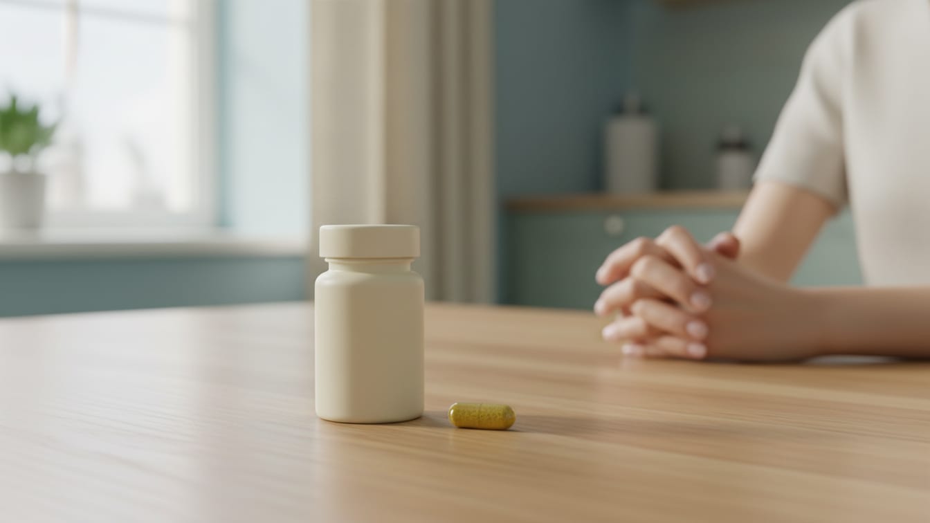Illustration: A small, unbranded pill bottle and a single berberine capsule on a warm wooden surface.