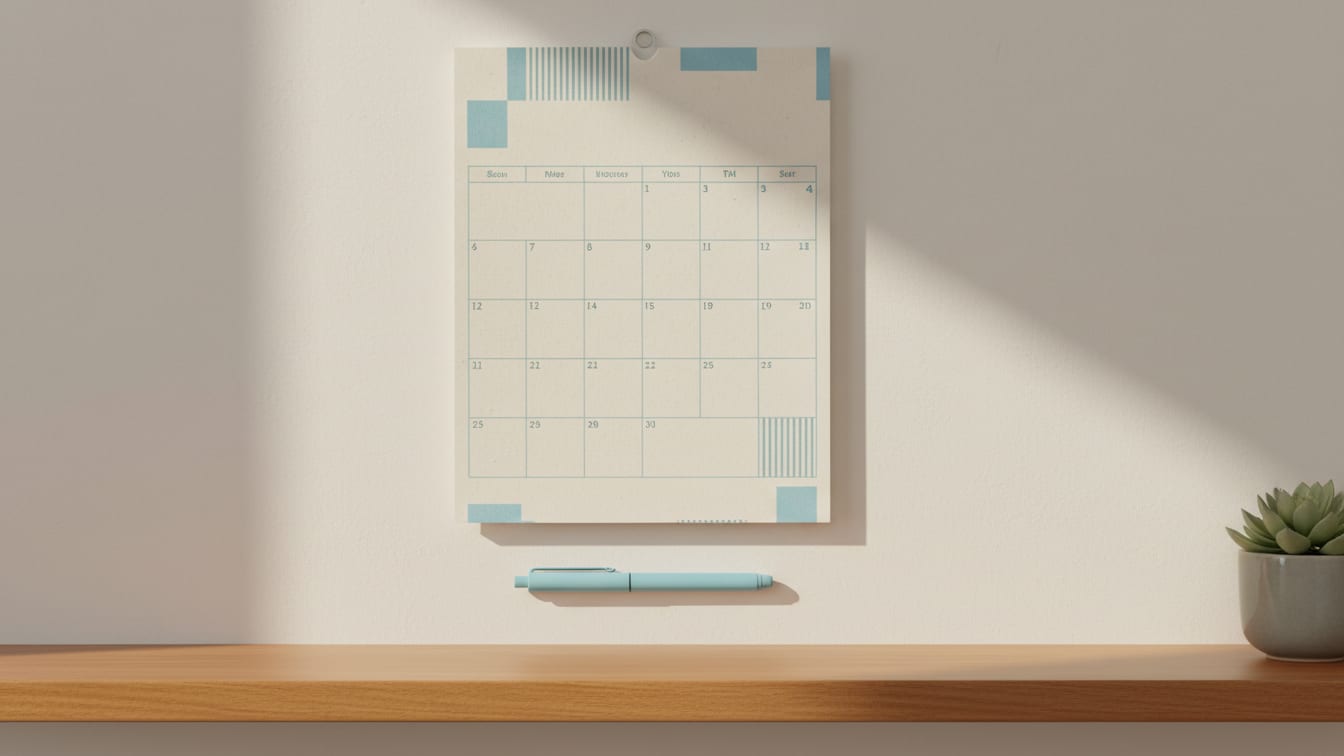 Illustration: A blank wall calendar with a pen on a wooden shelf, lit by soft, natural light.