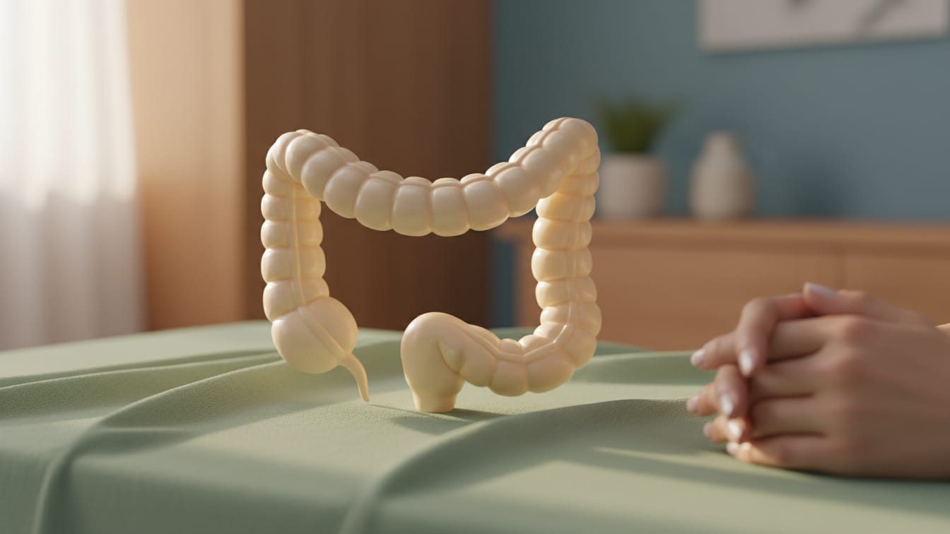 Illustration: A close-up of a human intestine model on soft sage green fabric, illuminated by warm natural light.
