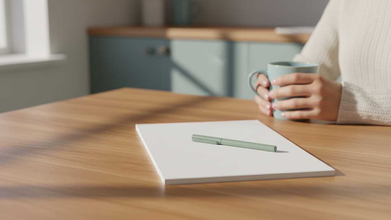 Illustration: Blank notepad and pen on a wooden desk in soft natural light.