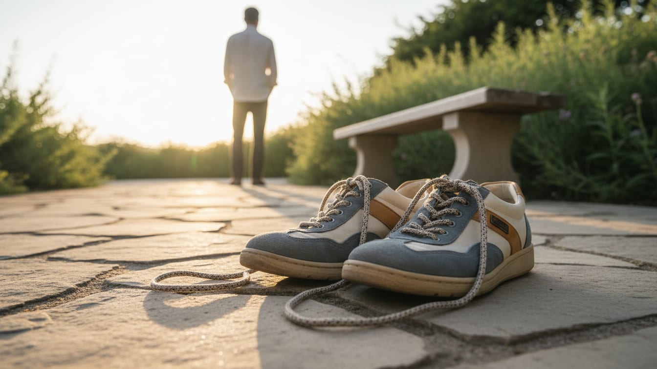 Illustration: Walking shoes on a path in the soft light of late afternoon, suggesting comfort and ease.