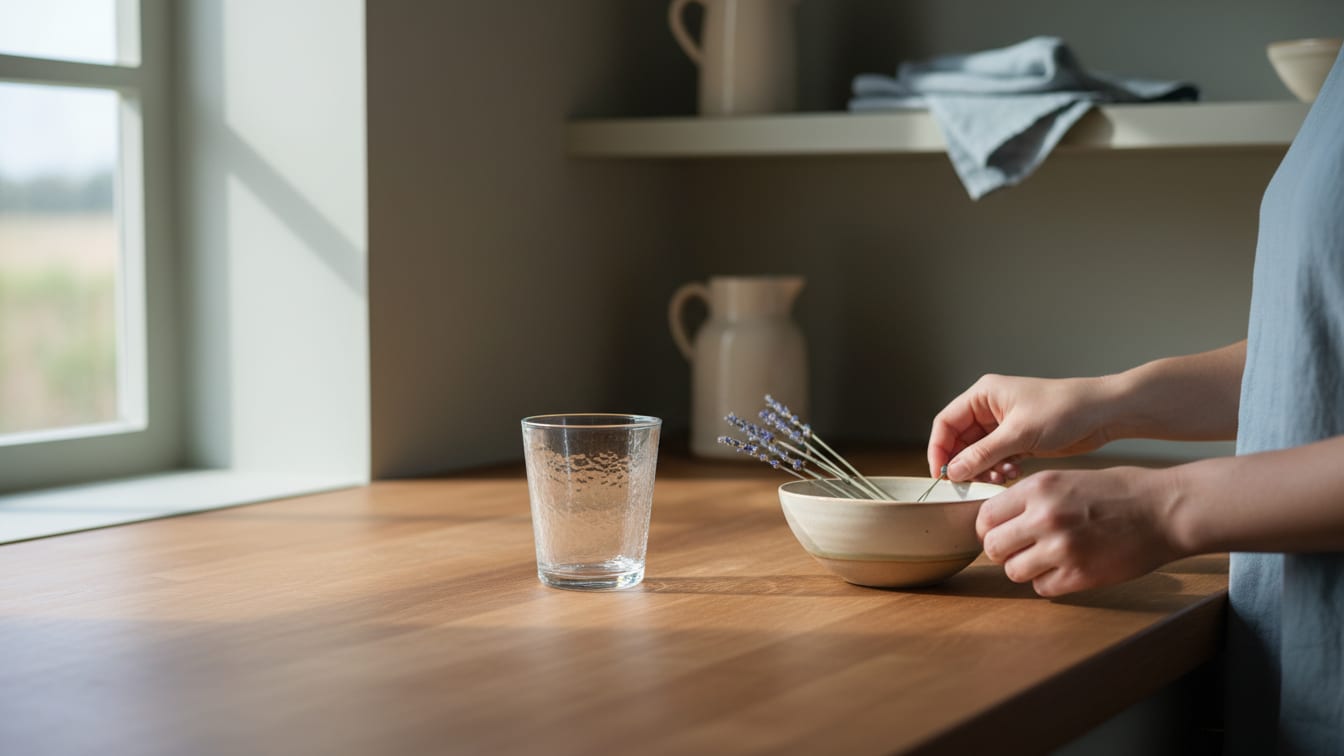 Illustration: An empty glass and a ceramic bowl on a warm wooden kitchen counter in morning light.