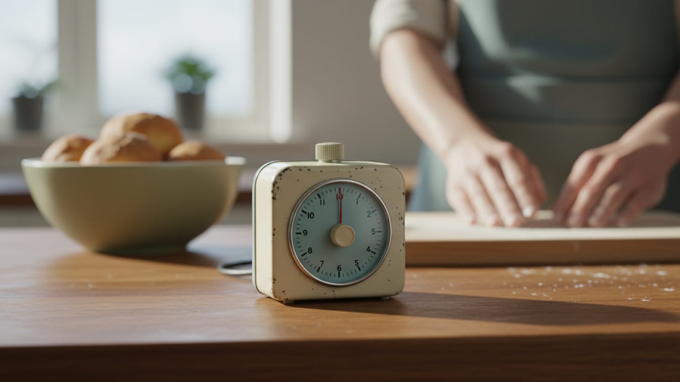Illustration: An analog kitchen timer on a wooden counter, bathed in soft morning light.