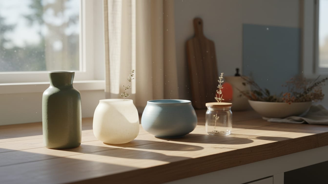 Illustration: Four unbranded containers of different sizes on a kitchen counter in soft morning light.
