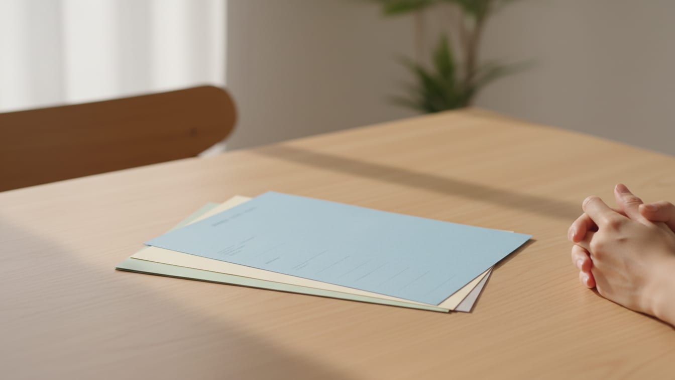 Illustration: A stack of four blank, muted-colored medical forms on a wooden desk, lit by natural light.