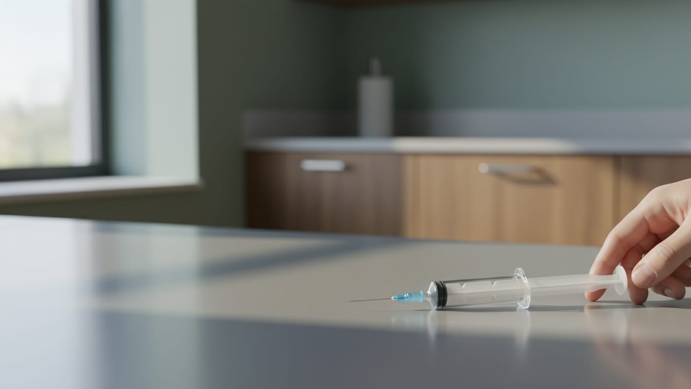 Illustration: An empty glass syringe on a neutral laboratory bench with soft natural light.