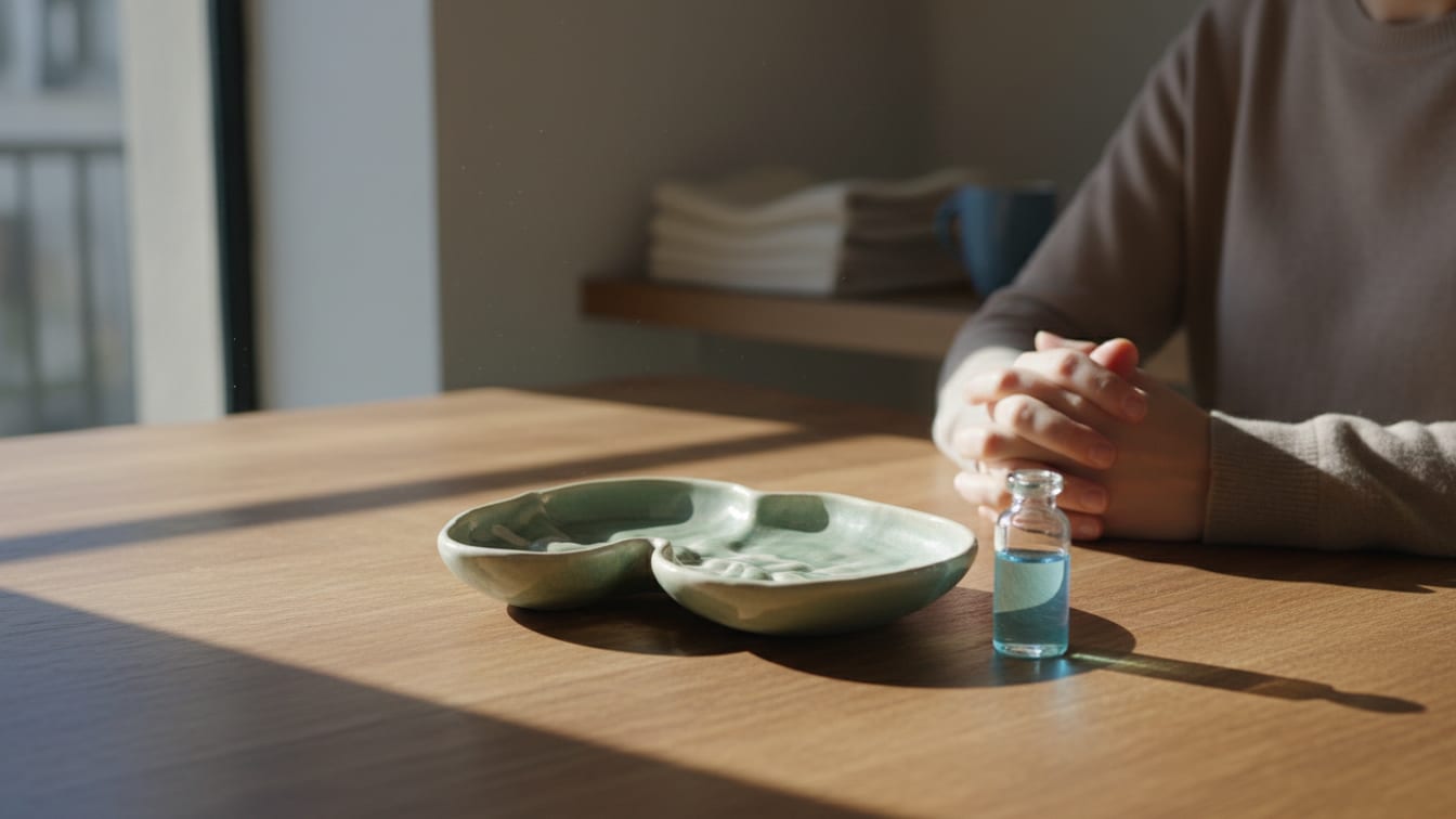 Illustration: A pancreas-shaped dish and a glass vial on a wooden surface in natural light.