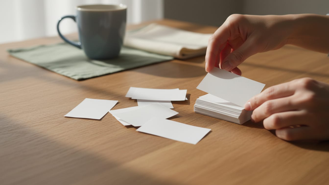 Illustration: A stack of plain white labels on a warm wooden surface, softly lit.