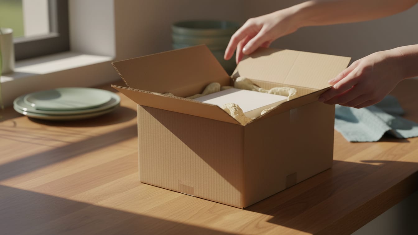 Illustration: An open shipping box on a wooden counter, bathed in soft morning light.