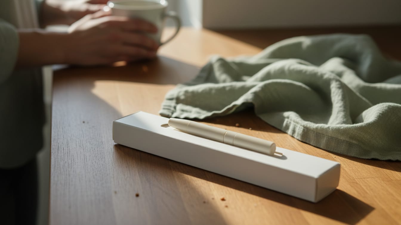 Illustration: An unbranded injection pen in packaging on a wooden surface with soft, natural light.