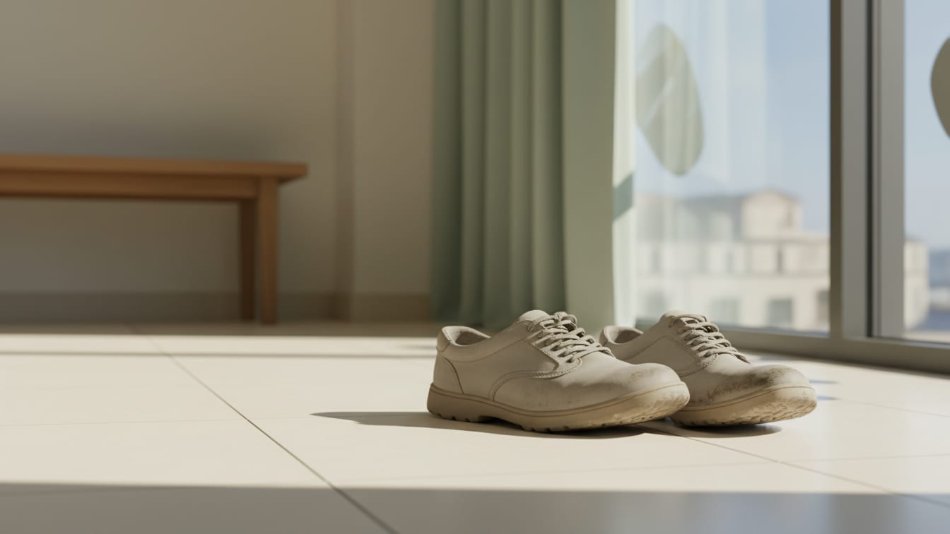 Illustration: A pair of unbranded walking shoes on a clinic floor by a window, suggesting a journey.