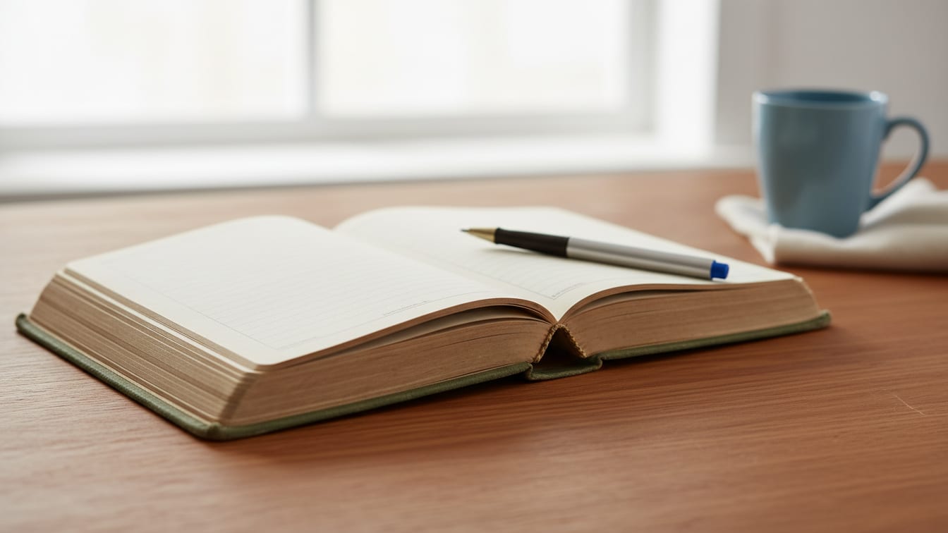 Illustration: An open blank ledger and a pen on a warm wooden desk, bathed in natural light.