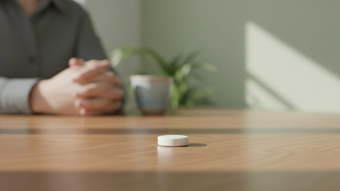 Illustration: A single white pill on a warm wooden surface, softly lit.
