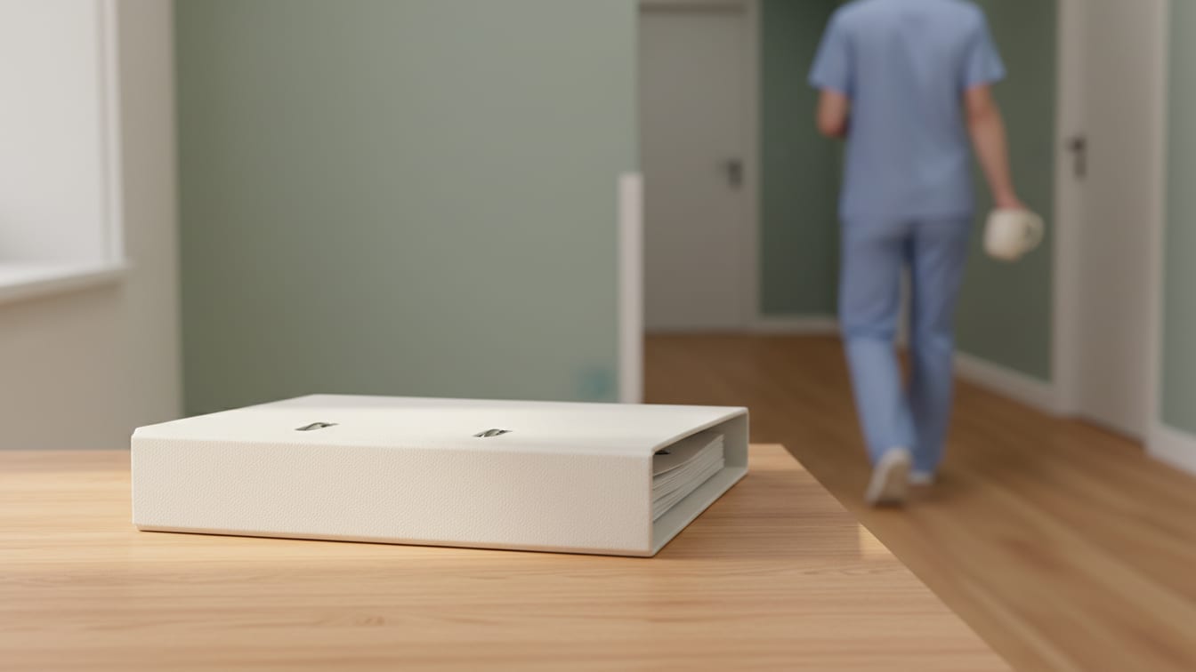 Illustration: An empty clinical trial binder on a wooden table, illuminated by natural light.
